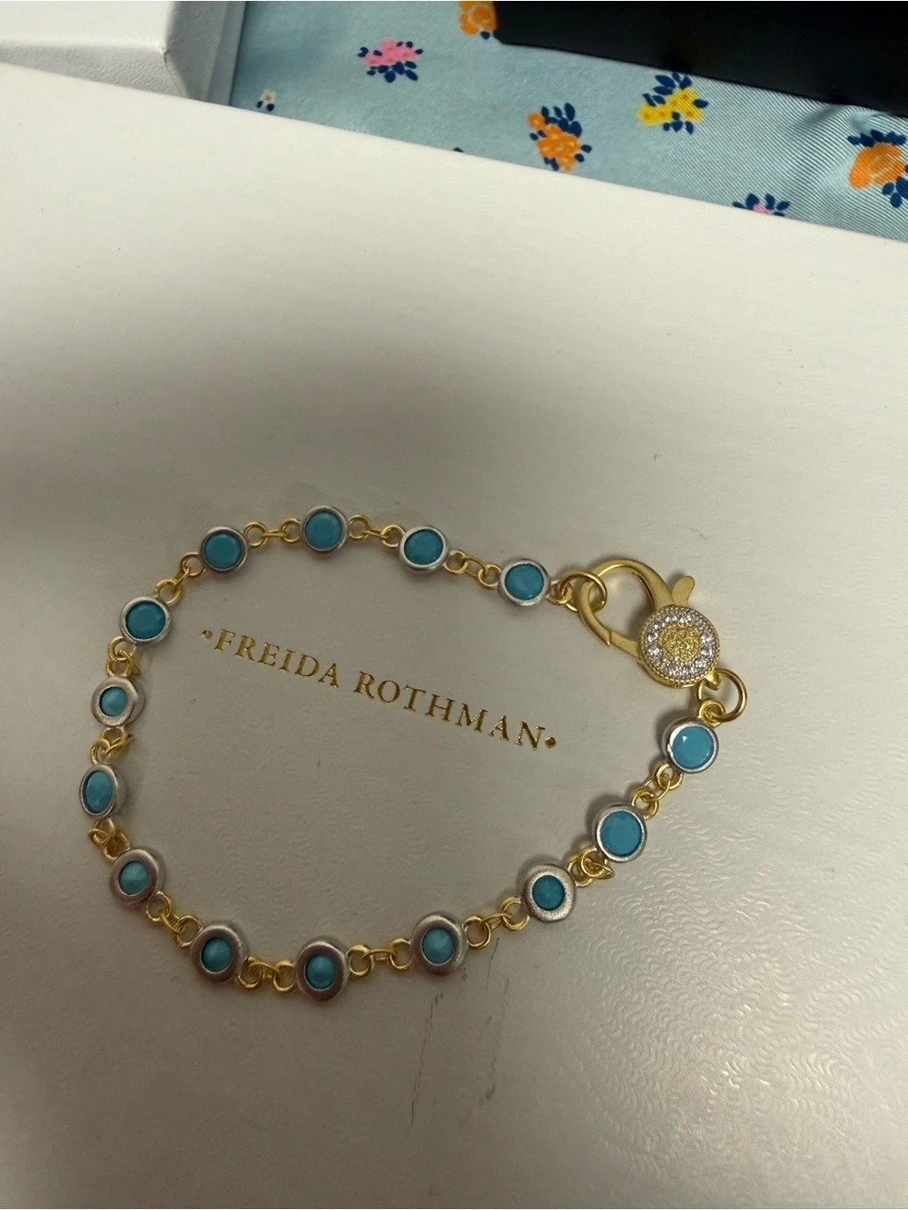 FREIDA ROTHMAN 7" Turquoise Bezel Charm Bar Bracelet Gold & Blue Bracelet